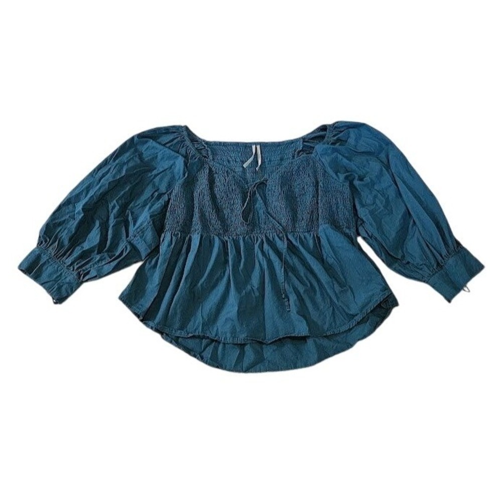 Anthropologie Puff Sleeve Blouse Women XL Teal Blue Smocked Peplum Peasant Top